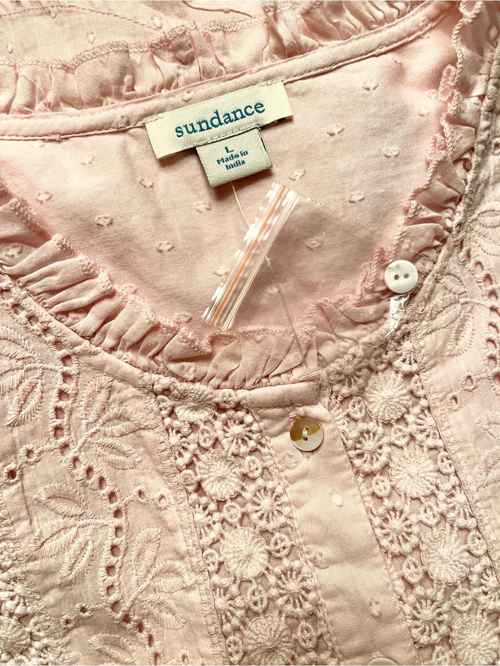 New Sundance Mirabelle Pale Pink Swiss Dot Crochet Eyelet Ruffle Blouse large - Picture 4 of 5